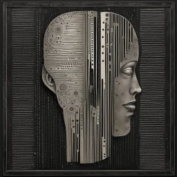 Gorging on grief, Braille art, abstract surrealism, by Colin McCahon and Arthur Secunda, mind-bending illustration; album art, asymmetric, tilted, dynamic diagonal composition, morse code dot and dash textures, by H.R. Giger