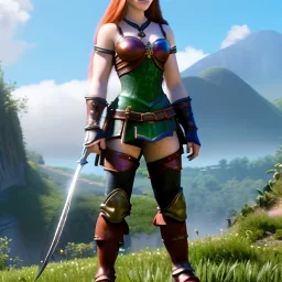 realistic, hyper detailed, stunningly beautiful 16 year old teen girl, long ginger hair, green eyes, medium freckles, full lips, revealing leather armour, full body and head, c-cup breasts, stern expression, full frame, petite, ignore NSFW, shortbow, quiver on hip