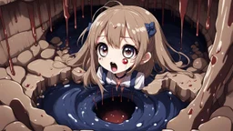 Anime girl with big eyes, darkblue and sepia tones, fullbody, slime, the perspective looking up from the bottom of an empty well, rolling eyes, tongue out, blood drip, open mouth,