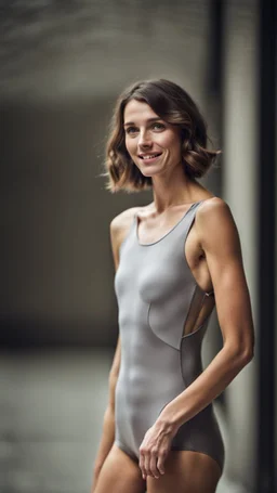 beautiful anorexic woman, total shot, short silver triathlon swimsuit, short brunette wavy bob hair, blurred concrete background, soft smile