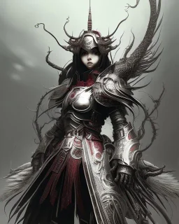 Detailed anime baby, dark brown hair, black and red dragon scale armour, intricate details, full body portrait, keep head in frame, slight smile, black Japanese motif, concept art, highly detailed, digital painting, concept art, sharp focus, illustration, art by Yoji Shinkawa, WLOP and greg rutkowski and alphonse mucha and artgerm and yanjun Chen and Junji ito and Makoto Shinkai, HDR, octane render