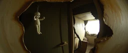 ghost doll barely hanging on, master oil painting by Escher and Giger, sodom in the style of Fallout 4, pinhole cam pic, dimensional door, tear in the fabric of reality