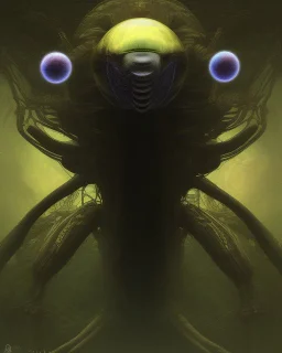 Distorted large yellow insectoid alien black eyes, in a mall, sci-fi art, graphic design, digital illustrated scene, alien art, high strangeness, absurdist, cartoonists