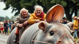 Elderly pensioners riding an enormous mouse. Everyone is happy. Photographic quality and detail, award-winning image, beautiful composition.