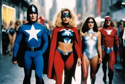 [bokeh color photo by Helmut Newton] superheroes appearing in American comic books published by Marvel Comics, they are led by Mlle Quebec wearing a spandex superhero costume with a fleur-de-lys symbol on the chest, Vindicator the guardian, Northstar, Sasquatch, Shaman, Snowbird