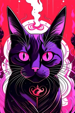un gato negro con símbolos egipcios en la cara y ojos de color rosa con llamas que sean de color morado que salgan de sus ojos, en un ambiente con tonos morados