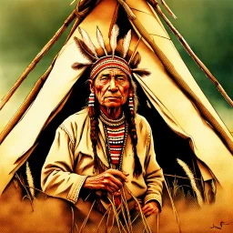 The old Cherokee man of the Great Plains, double exposure Cherokee mans face formed by a Teepee in a grass plains with Buffalo, watercolor by Jean-Baptiste Monge and Yossi Kotler, Modifiers: sharp focus extremely detailed intricate oil on canvas portrait hyperrealistic high definition crisp quality