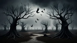 Birds and trees in alternative surreal barren, dry, gloomy world, nightmare in abyss, deep vortex, ,noir, surreal, dark mood, weird dark fantasy, deep dark colors, sharp lines, crepy stunning, high detalied, weird, fog, shadows, realistic, surreal, highly detailed, melancholic thriller mood