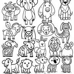 black and white drawing of animals, outlined art bold, coloring book page for kids, simple classic cartoon style, 2D v4 q2