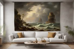 Andreas Achenbach tufting tapestry oil stormy sea shores islands ancient temple, in living room