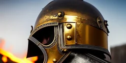 apocalypse, chaotic, magnificent, realistic, colorful, massive, epic, ray tracing, cinematic, 8k, HD, Ultra High Definition, photo film, film grain, hyper-detailed, old tarnished ornate rusty Hyper detailed Gold Gothic Medieval Knight helmet with opaque glass visor covering face and matching suit of armor, background with colorful destroyed ancient gothic ruins