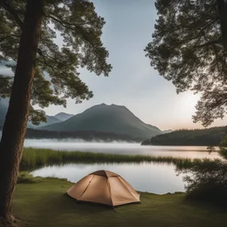 view of the lake from the tent, cinematic,