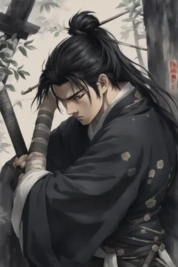 A Young Man who is a Samurai, he has scars, cuts, and marks on his body. His body looks war torn, and he is missing his left arm from his shoulder. He has long black hair and has a stuble for facial hair.