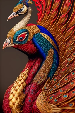 peacock, red and gold tones, insanely detailed and intricate, hypermaximalist, elegant, ornate, hyper realistic, super detailed, by Pyke Koch