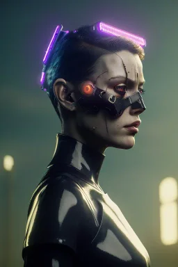 portrait post-apocalypse ,latex cyborg in a cyberpunk city, sci-fi fantasy style, 8k,dark colours