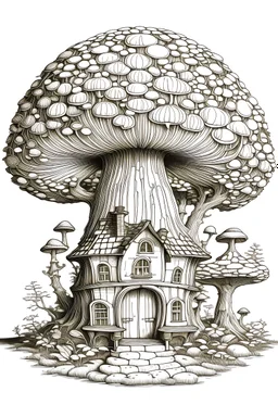 outline art, a whimsical house shaped like a giant acorn, nestled among towering oak trees. The exterior is adorned with glowing mushrooms, and the entrance is a small door at the base of the acorn, only outline, clear line art, white background, no shadows, no tones color, no detailed artwork, clear and well outlined.