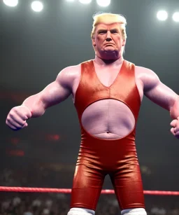 Wrestler Donald trump, wrestling, sweat, blood, red breeches, suspenders, retro style, 80s, hot ambient, photo studio, vibrant color, gradient, highly detailed, art stations, concept art, smooth, unreal engine 5, god rays, ray tracing, RTX, lumen lighting, ultra detail, volumetric lighting, 3d, finely drawn, high definition, high resolution.