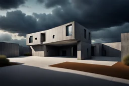 photo from high realistic strange giant asymmetrical concrete house with wide and asymmetrical unique rooftop, deep, dark and complementer colors, metalic, minimalism, random utopistic background, landscape, detailed, sharp focus, cinematic