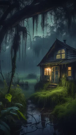 A swamp surrounded at night by bamboos long trees in cloudy, depressing, foggy, with a dark light at night in the distance , there is an abandoned cottage of covered with leaves. A light inside the cottage though the window