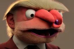 Angry muppet trump in suit, no tongue, looking forward, face, smaller, round puffball nose, eyebrows, no nose