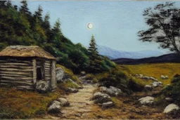 Night, moon, cabin, rocks, pathway, trees, grass, mountains, distant mountains, distant trees, philip wilson steer impressionism painting