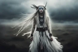 Otherworldly, heilung little witch singer and a white crow, Cara Delevigne MacKenzie Foy Avril Lavigne, tribal dance fur open dress, beautiful long white dreadlocks hair, 15 years old Nordic young girl, black face paint stripes on the eyes,dances magic in the stormy misty moor, closeup of the white crow, intricate, pagan music art, rune simbol in the forest background, high detailled, fanart, oil painting, 8k, Oil painting, heavy brush strokes, hyperrealistic paint splashes Jeremy Mann