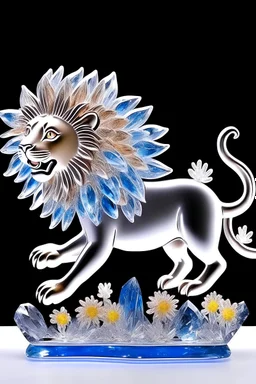 Leão de vidro voando sobre flores de cristal