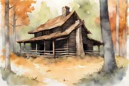 ink wash and watercolor illustration of a highly detailed, 18th century rough hewn New England clapboard cabin, with dry laid stone fireplace, in a towering oak forest, in the comic book style of Bill Sienkiewicz and Jean Giraud Moebius ,rich vibrant earth tone colors,