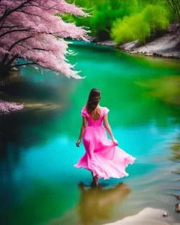 beautiful girl in pretty pink -blue dress walking in water toward camera in trees next to wavy river with clear water and nice sands in floor.camera capture from her full body front, spring blosom