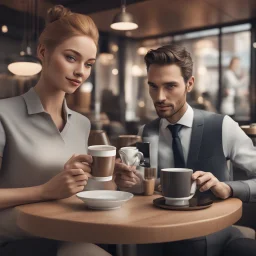 a man is sitting at a restaurant table, a cup of coffee is in front of him, he holds his phone screen towards him behind the cup, on the screen is a picture of a woman dressed in serving clothes, she extends her arm out of the phone screen, 3d, with a pot of coffee, the coffee poured into the man's cup standing in front of the phone