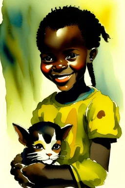 A cute smiling african girl is holding a kitten. Watercolour