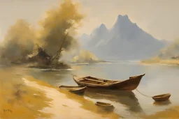 sunny day, mountains, japanese style landscape influence, boat, willem maris, and friedrich eckenfelder impressionism painting