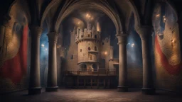 dream world, medieval castle interior, magnificent, tapestries, flags, calm beauty, fantasy world, magic, night, darkness, starlight, splendor, uplifting, inspiring, therapeutic, chiaroscuro, color, award-winning colour photograph, beautiful composition, exquisite detail, Nikon 55mm