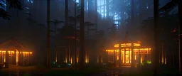 a library in forest with fireflies and orange mystic lights around trees that have wide leaves and broad trunked. Night with moon light.