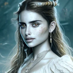 best quality, realistic lighting, masterpiece portrait of Penelope Cruz from pirates of the Caribbean, details, light dusting of freckles,wet luscious lips, shot from above, simple chain hauberk, warhammerVector art matte painting digital illustration 3D shading CryEngine Behance HD 3Delight