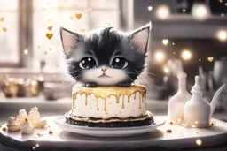 birthday cake, black and white chibi kitten in a beautiful kitchen, heart and love in the sunshine, watercolor and black ink outlines, sparkling golden glitter, ethereal, cinematic postprocessing, bokeh, dof