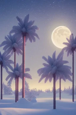 1980's aesthetic vaporwave palm trees with lighting with moon with audi in the winter snow