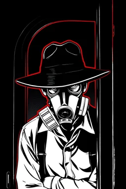 man with hat (wide and flat brim and a flat top) shading face, wearing a gas-mask, leaning in a doorway, vignette, black and white graphic novel style with a red outline on black background, gothic horror