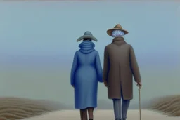 two people without gender seen from behind walking side by side in an empty foggy plain, above there is blue sky by artist "Leonora Carrington"