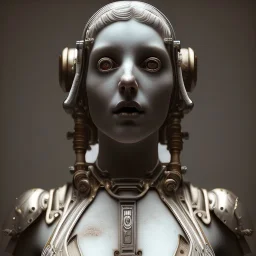 a greek marmor statue of a woman, steam punk, scary, horror, realistic, made in octane, cinematic, movie, CGI, ultra-realistic, extremely detailed octane rendering, 8K, VRAY Super Real ar 2:3, dof photorealistic futuristic 50mm lens hard lighting dark gray tintype photograph, realistic lighting, sephia colors