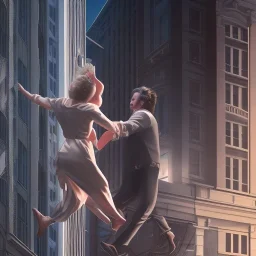 a man pushing a woman over a balcony, downtown new york, dramatic, dramatic lighting, volumetric lighting, hyperrealism, 8k, high quality, photorealistic, lot of details