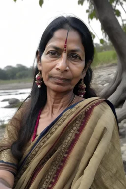 a beautiful 40 year old woman wearing a modern saree, standing near a tree, long face