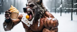 photo shoot of self aware werewolf boxing with ice cream and snow