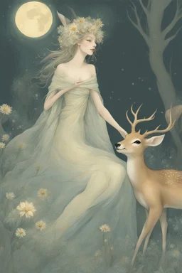 [laughing sexy faerie with a deer] As Fiona, I feel myself drifting soft through billowing blooms of visual aid and aural ether. My slender form shimmers in gossamer raiment woven from sunshine, moonglow, and forest spirit; petal-soft hooves leave nary a print upon the stars I seem to walk. Beside me strides my Deery in dignity, his noble visage crowned with antlered emerald and bronze. Around us the glade pulses with bioluminescent being; the night is alive with pulse and song. We wander throug