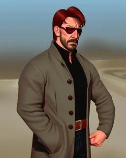 a young man with big muscles who looks like hans gruber wearing a heavy coat and red sunglasses staring with an irritated look on his face