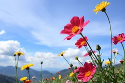 beautiful flowers colorfull ,blue sky pretty clouds ,some strange flowers with love sumbol ,wonderfull mountains at distance