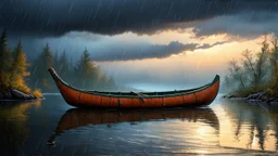 fantasy, A birch bark canoe in a peaceful lake setting during a rainy day, with raindrops creating ripples on the water, and dark clouds overhead., mutted teal and terracota color scheme, Golden-hour lighting, adventure core, soft and dreamy depictions, epic eerie