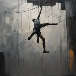 Minimal abstract oil painting of a falling person limbs sinew. Amongst concrete fragments brutalist architecture and hanging wires illuminated at night. In the style of Justin Mortimer and Phil Hale and Ashley Wood