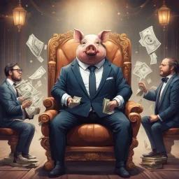 rich pig in suit on a throne making stacks of money by making a deal with a buisnessman. background of musicians. baksinski style