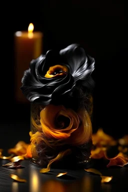 magic candle made of whirlwinds, golden black, close-up, petals, realistic, botanical